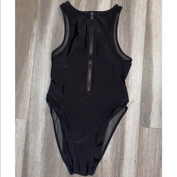BLACK ZIP UP ONE-PIECE SWIMSUIT - Picture 1 of 2